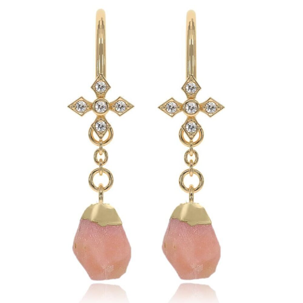 9135 Pink Opal Earrings Raw Stone Dangle Drop Shape - 18K Gold Vermeil